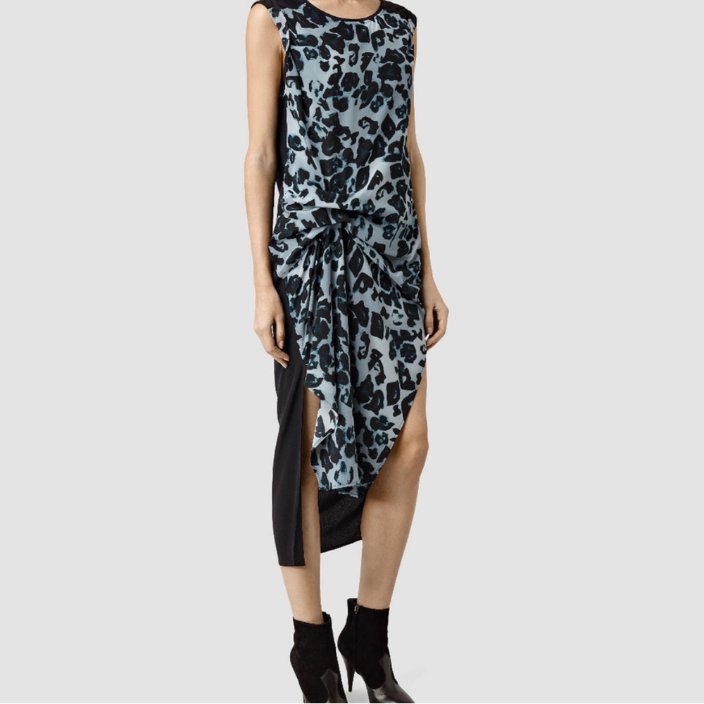 All Saints Riviera Leo Silk Animal Print Dress Black Gray and Blue size 0